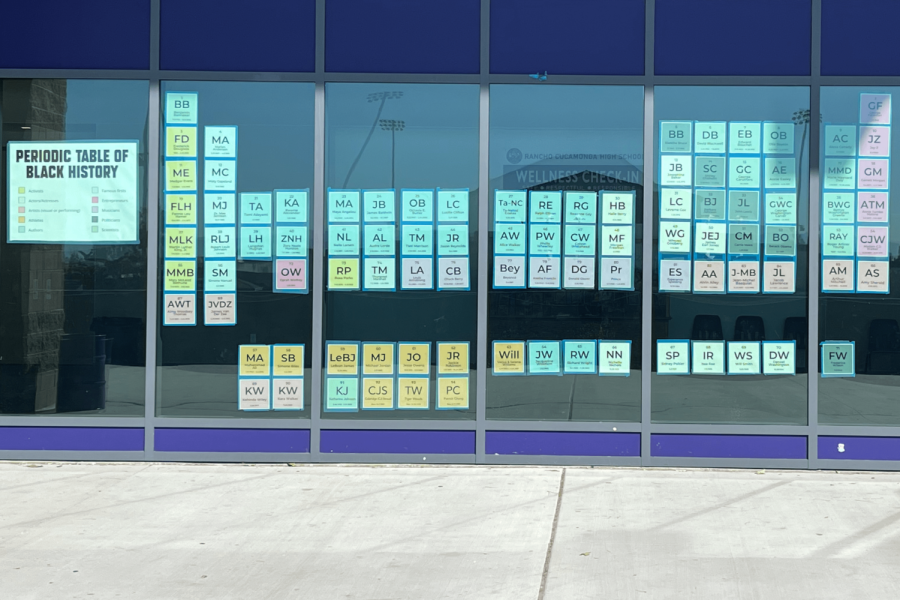 The Periodic Table of Black History is displayed on the windows of the auditorium.