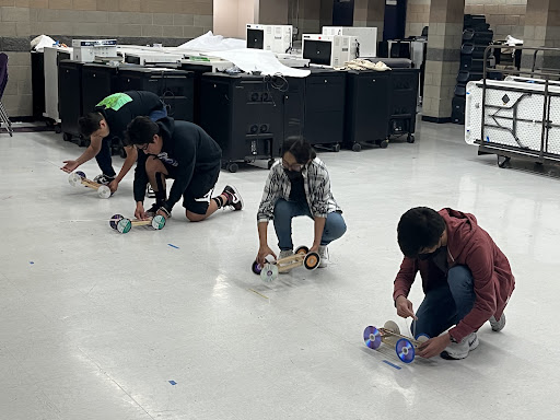 AP physics students in Ms. Gerdes’ second period class get their mousetrap cars ready for the race.