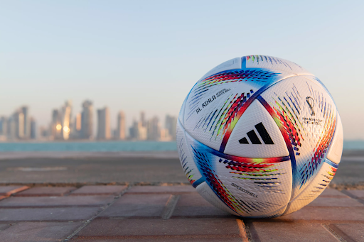 The Al Rihla 2022 match ball is displayed in front of the Qatar skyline before the 2022 FIFA World Cup begins. 