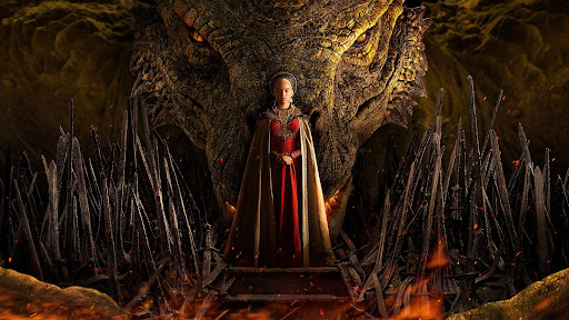 Princess Rhaenyra stands in front of the Iron Throne, with her dragon in the background
