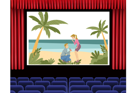 A display of a classic Romantic Comedy scene, depicting a proposal on the beach.