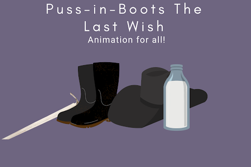  A pair of black boots, a sword, a black hat, and bottle of milk , all placed accordingly representing the character of Puss in Boots.