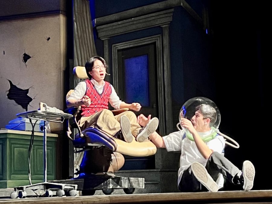 Junior Ethan Park (Seymore) and sophomore Jacob Fountain (Orin Scrivello, DDS) act out a funny scene during the RCHS production of Little Shop of Horrors.