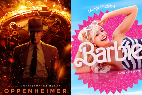 Posters depicting the two live-action films “Barbie” and “Oppenheimer” side by side, each showing the lead characters J. Robert Oppenheimer (left) and Barbie (right)