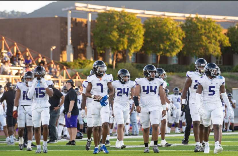 The Rancho defense gets ready to stop the Murrieta offense during their first game of the season.
