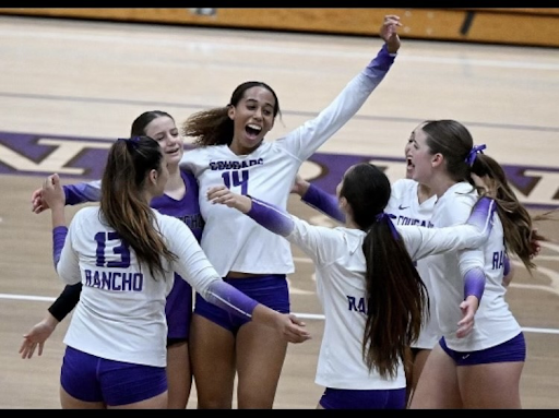 Members of the girls varsity volleyball team celebrate an ace at an RCHS game
