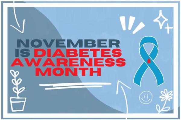 A sky blue ribbon with a blood drop in the middle is shown to represent diabetes, alongside text saying November is Diabetes Awareness Month.