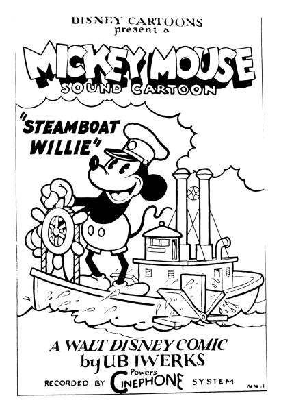 The official Steamboat Willie poster released in theaters in 1928. Photo courtesy Walt Disney Studios. Image is public domain. 