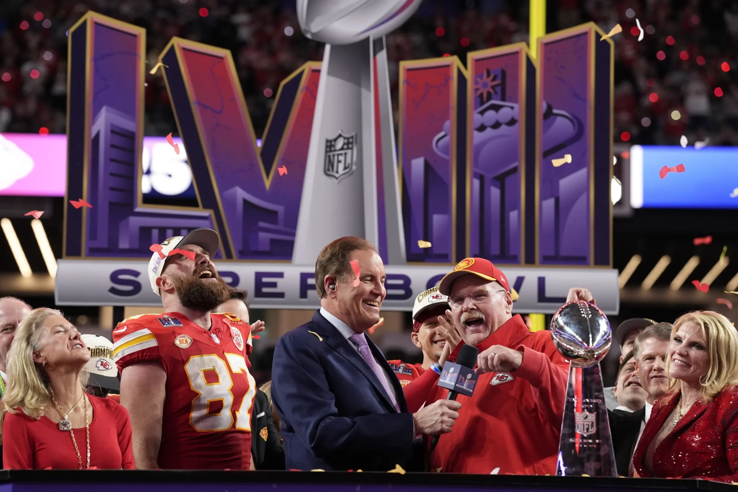 The Kansas City Chiefs celebrate after their victory in Super Bowl LVIII. Photo by John Locher, Associated Press