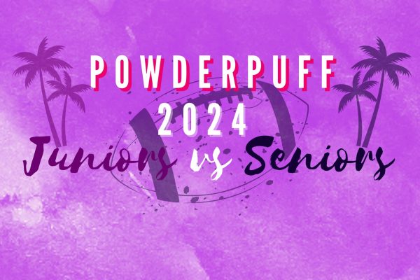 A purple background says Powderpuff 2024: Juniors vs Seniors with an image of a football and palm trees behind the text.