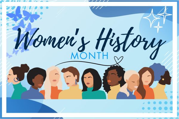 A blue background with a white border and blue butterflies in the left-hand corner and white stars in the right-hand corner. The middle words say “Women’s History Month” and the center features a group of women.
