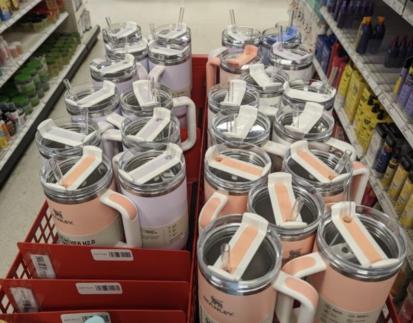 A cart full to the brim with limited edition Target Stanley Cups right before they hit the shopping floor.