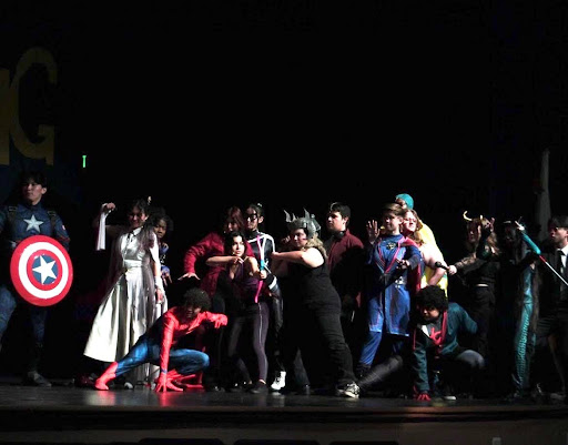 The seniors of drama on stage for the Starcatcher awards in a battle against Thor.