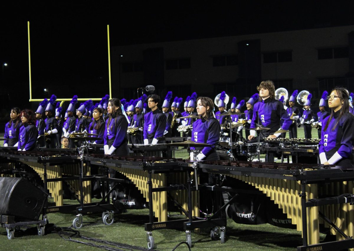 Front ensemble stands still after playing.