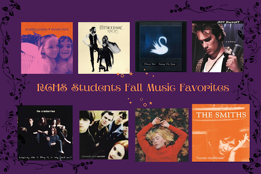 Caption: Graphic made on canva of eight albums. Albums include: “Siamese Dream” by Smashing Pumpkins, “Rumors” by Fleetwood Mac, “Among My Swans” by Mazzy Star, “Grace” by Jeff Buckley, “Everybody else is Doing it so why Can’t we?” by the Cranberries, “Souvlaki” by Slowdive, “we fell in love in october, October Passed Me By” by Girl in Red, and lastly, “Louder Than Bombs” by The Smiths.