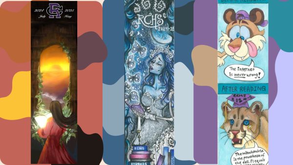 Winners of bookmark contest, middle is 1st place, 2nd to the left, and 3rd place to the right