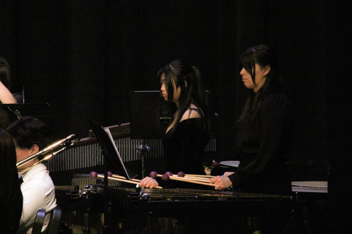 Junior Clarissa Quevedo and sophomore Leighla Clanor play their vibe duet for the concert piece, "Little Sparrow" by Julie Giroux.