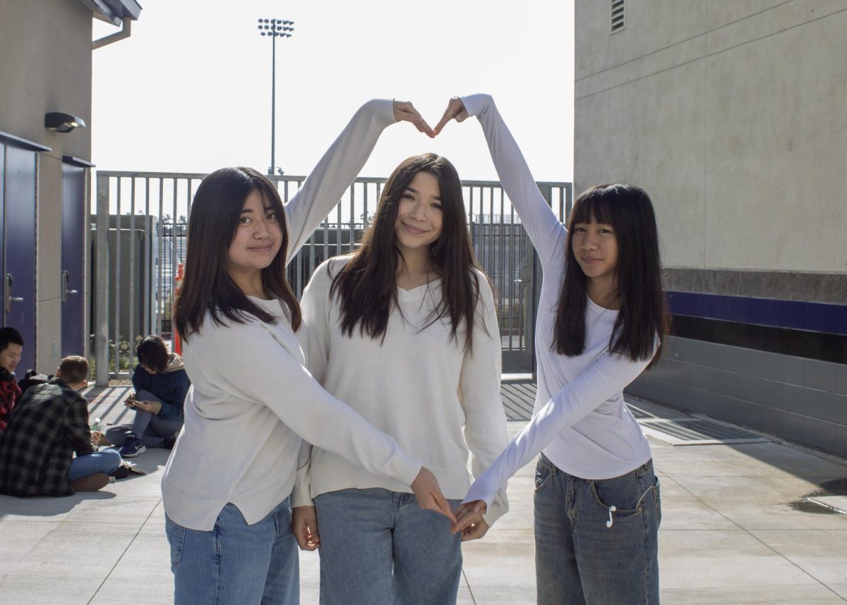 Participating in the Wednesday spirit day,  freshmans Victoria Gutierrez, Camila Guertierez, and Romona Tumbokon pose for a "We're all in this together"