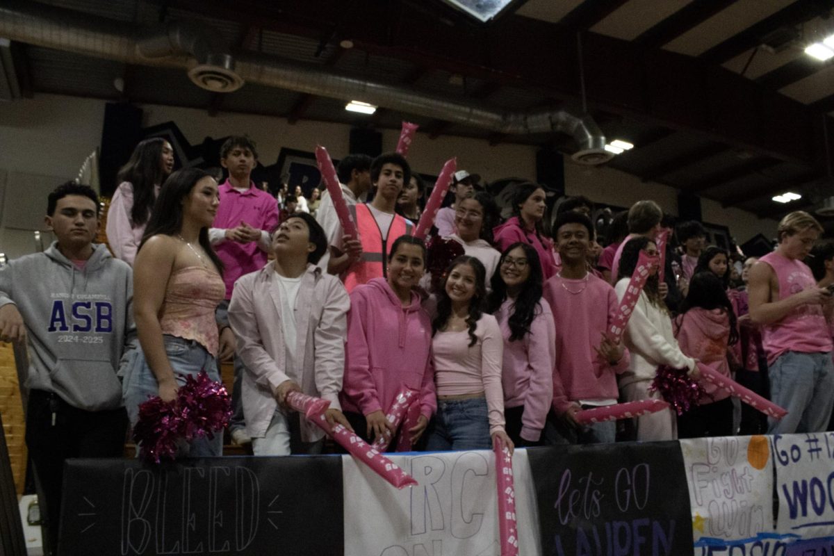 The rooters section cheers for the varsity basketball players.