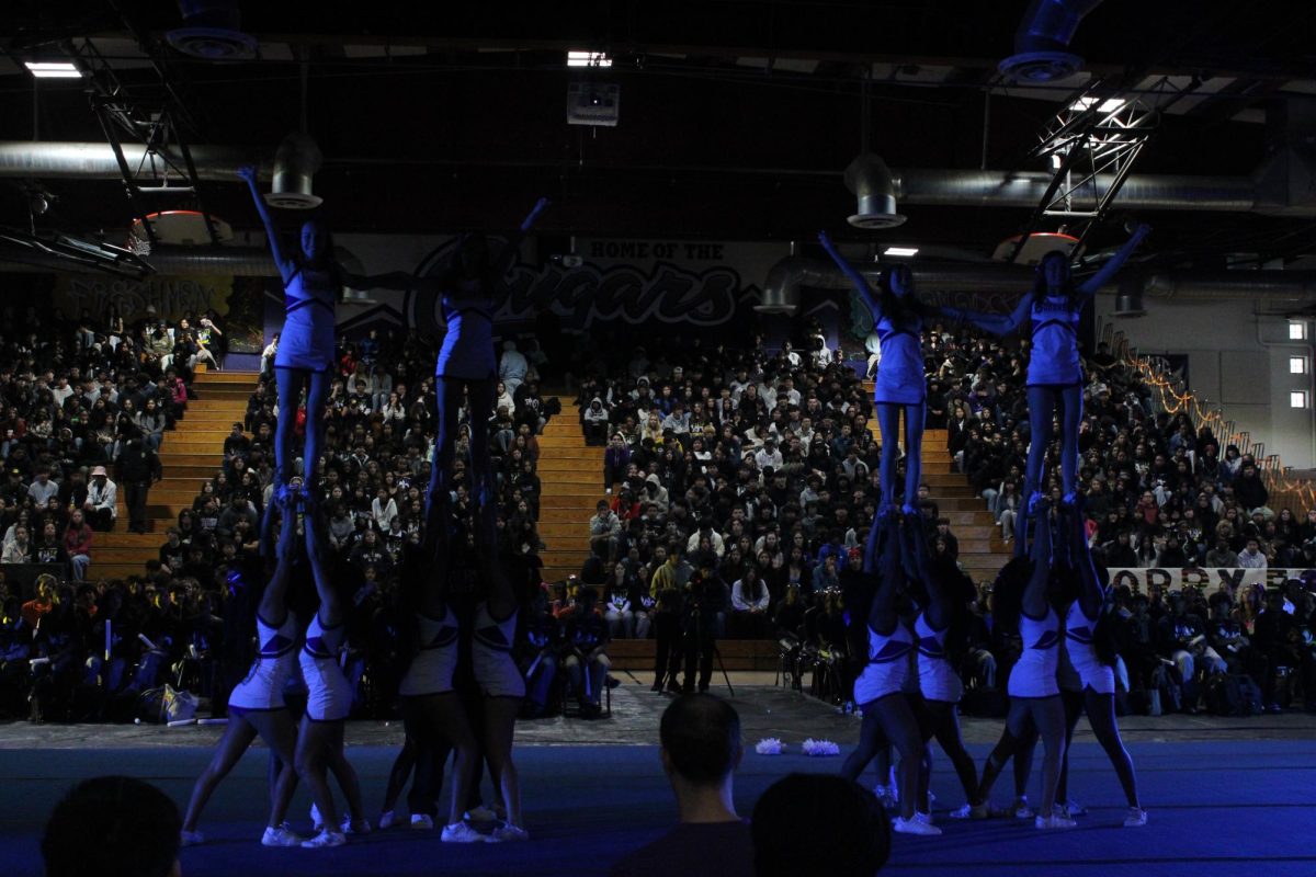 Varsity cheer team perform a stunt at ren rally