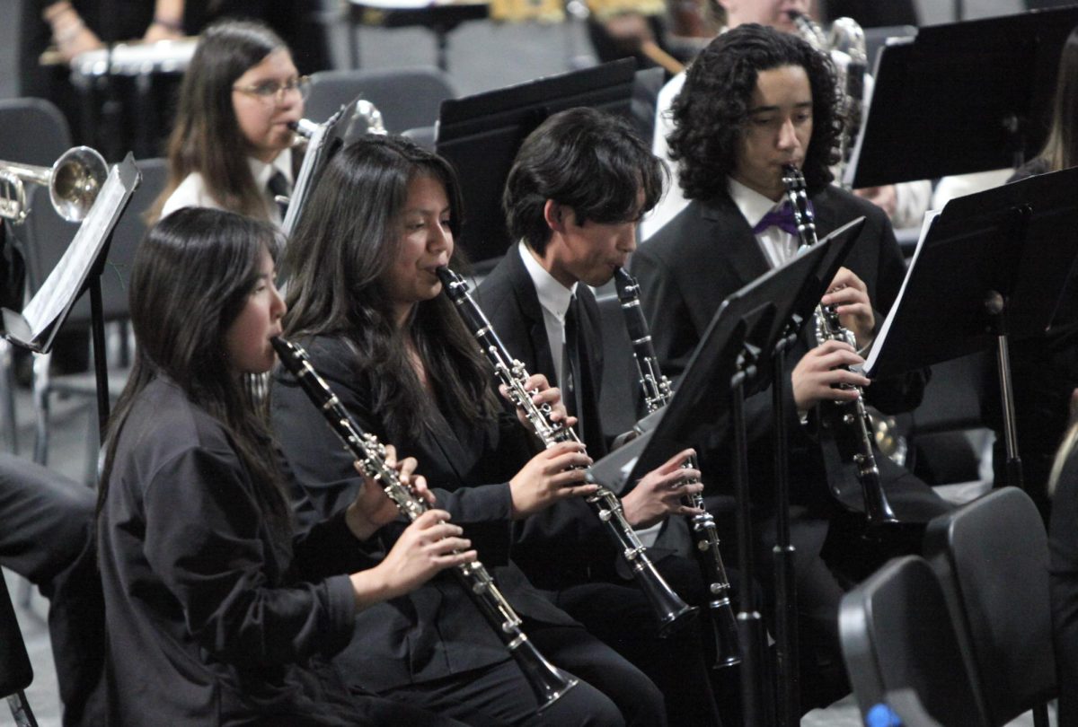 Juniors Rebecca Kim and Julie Ochoa, sophomores Aidan Hou and Doug Shabsin play clarinet together.