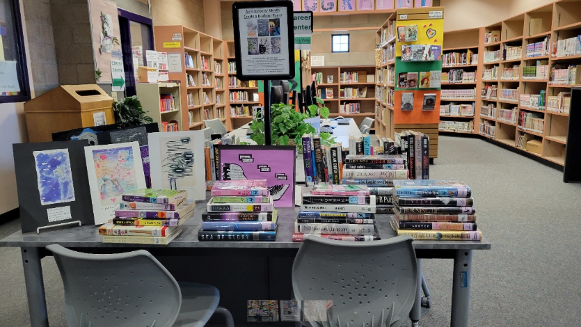 section of books that participants of the blackout art competition can use to create their work