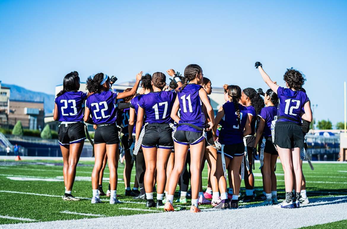 The RCHS flag football team huddles together before taking on the Alta Loma Lions. Photo courtesy: Gavin Escanuelas