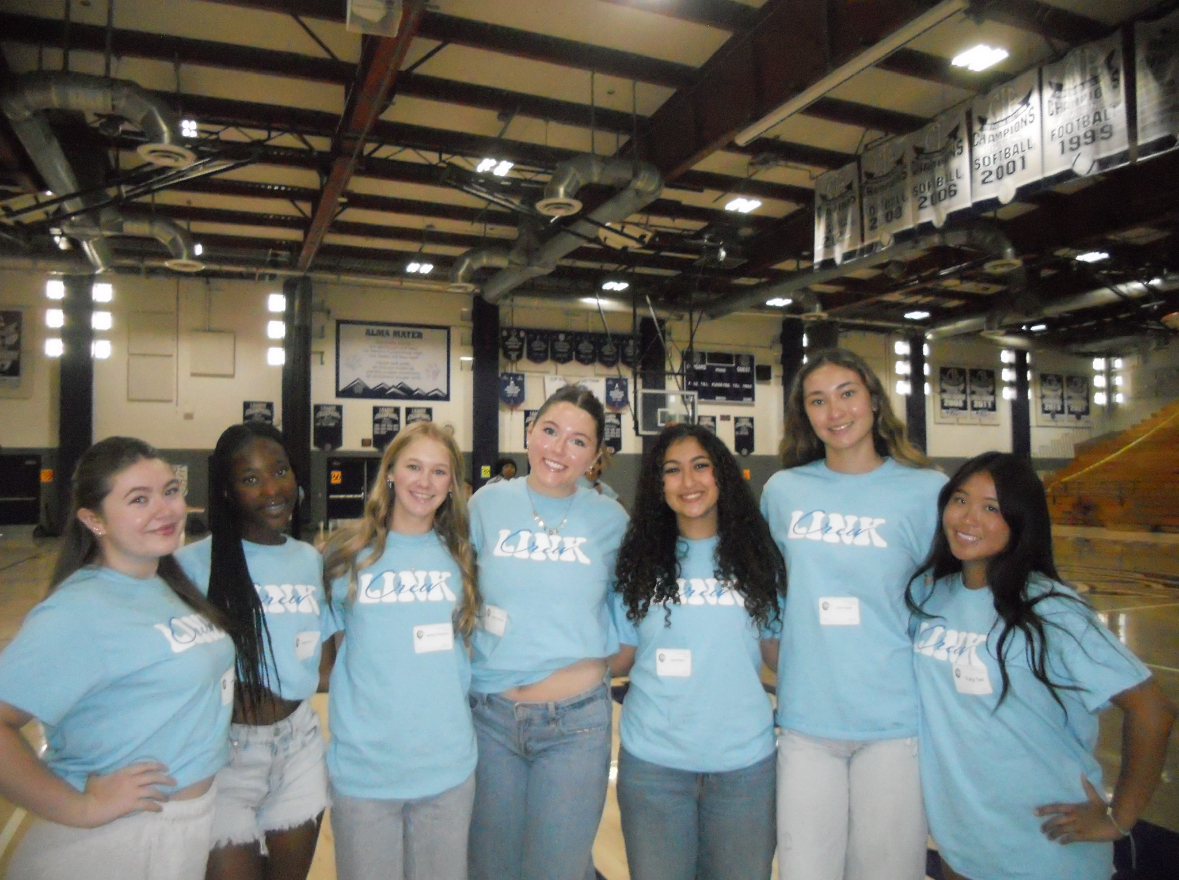Link Crew members Kayla Jarvis, Abigail Gono, Sydney Thompson, Cailyn Svoboda, Joyce Boktor, Tracy Tan and Lilah Payne pose for a photo in the gym. Photo credit: Link Crew

