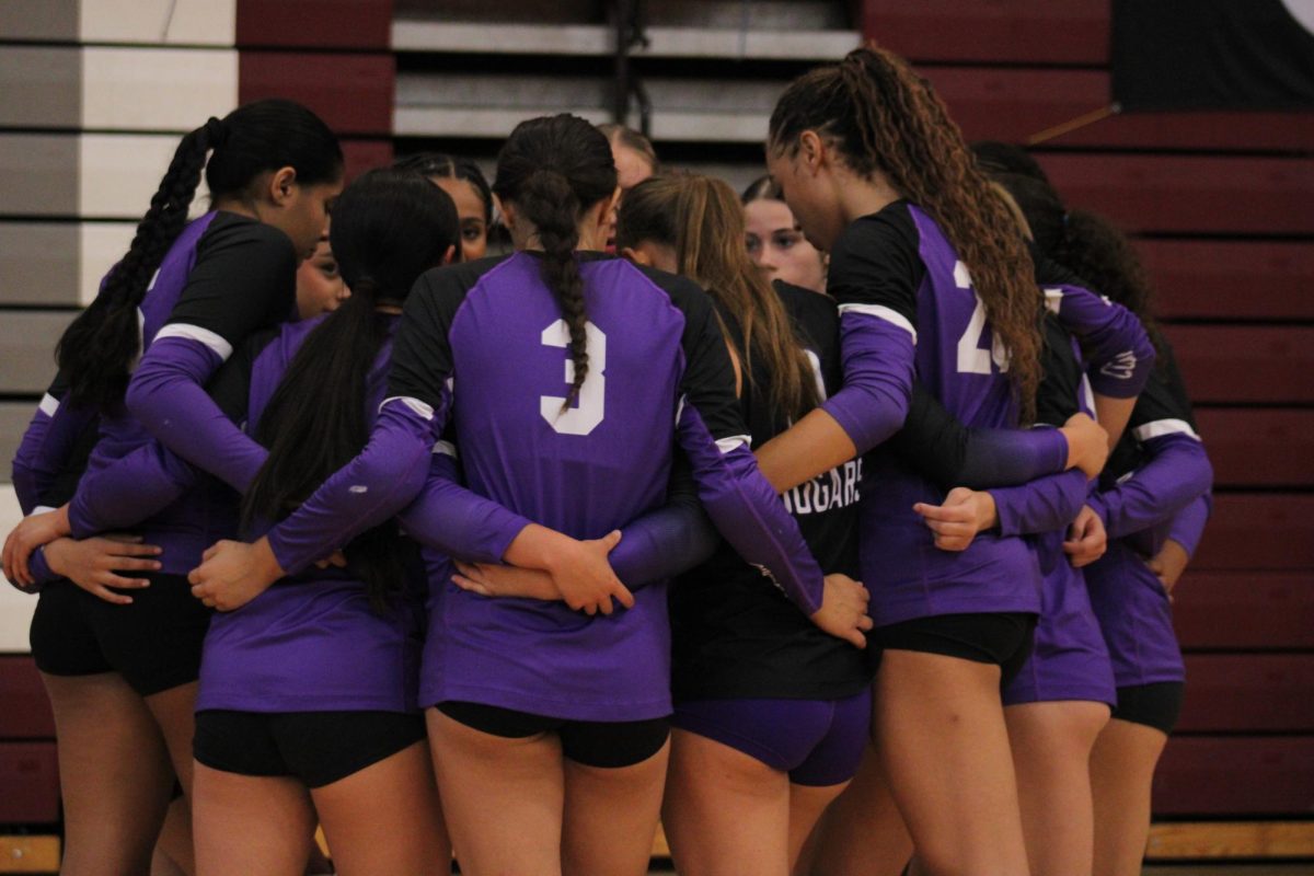 Girls varsity volleyball huddle to talk about plans for the next set