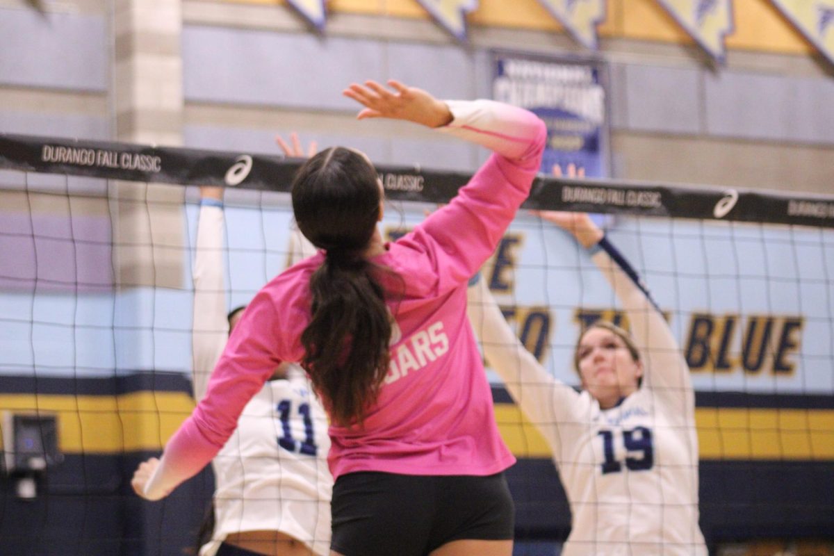 Senior Emily Smith hits the ball against two blockers