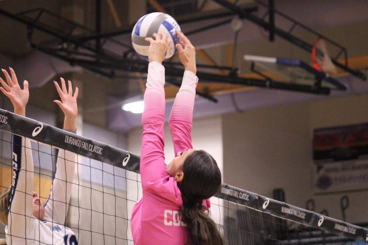 Senior Emily Smith blocks the ball  from the opponent hitter