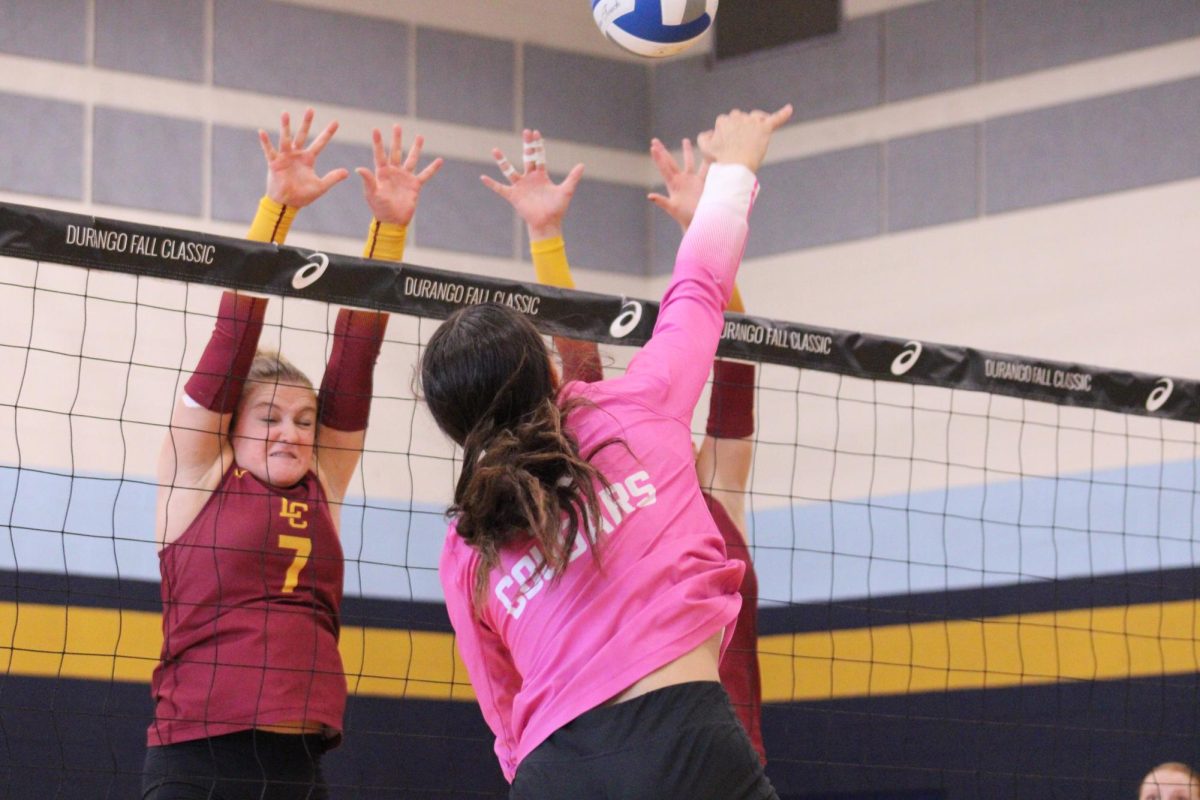 Senior Emily Smith hits the ball off the block of the enemy team