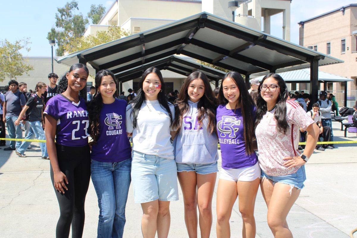 Homecoming court consisting of seniors Imani Boiner, Brooklyn Helper,  Alessea Pai, Izzy Duggins, Audrey Chu, and Lindsey Peralta pose for a picture during their lunch activities.