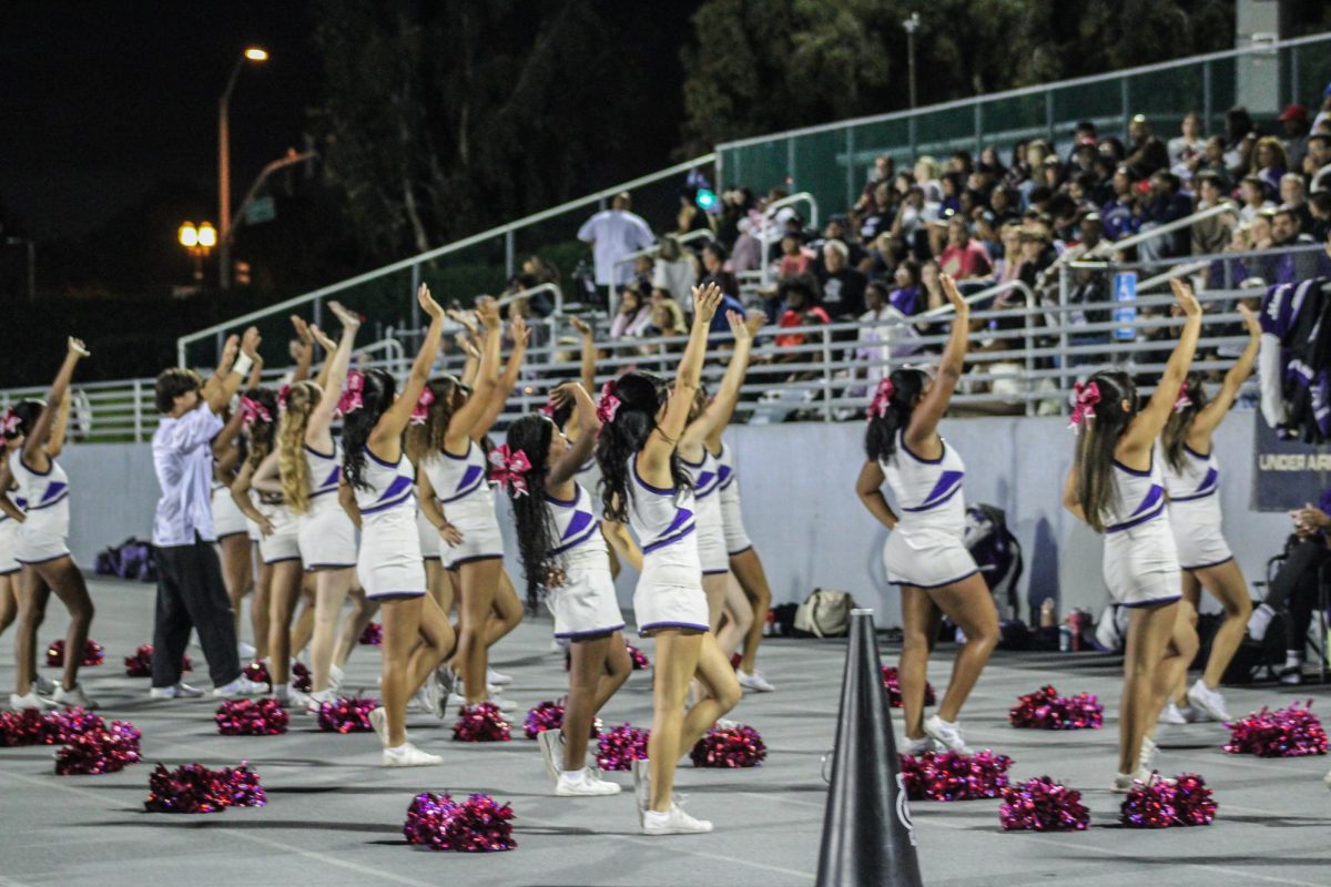 RCHS varsity cheer squad cheering towards the Cougars bleachers.