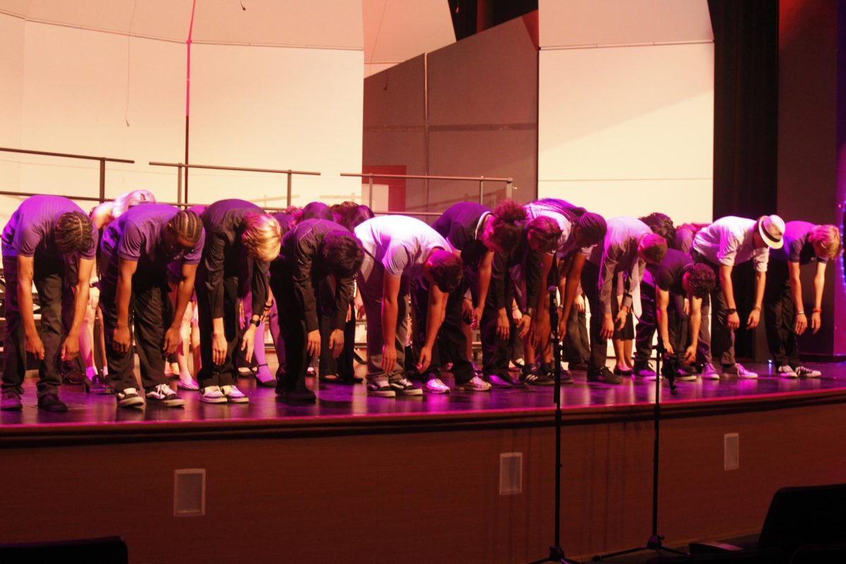 Performers hang down low for their choreography at the end of their second song, "Proud Mary" by Tina Turner