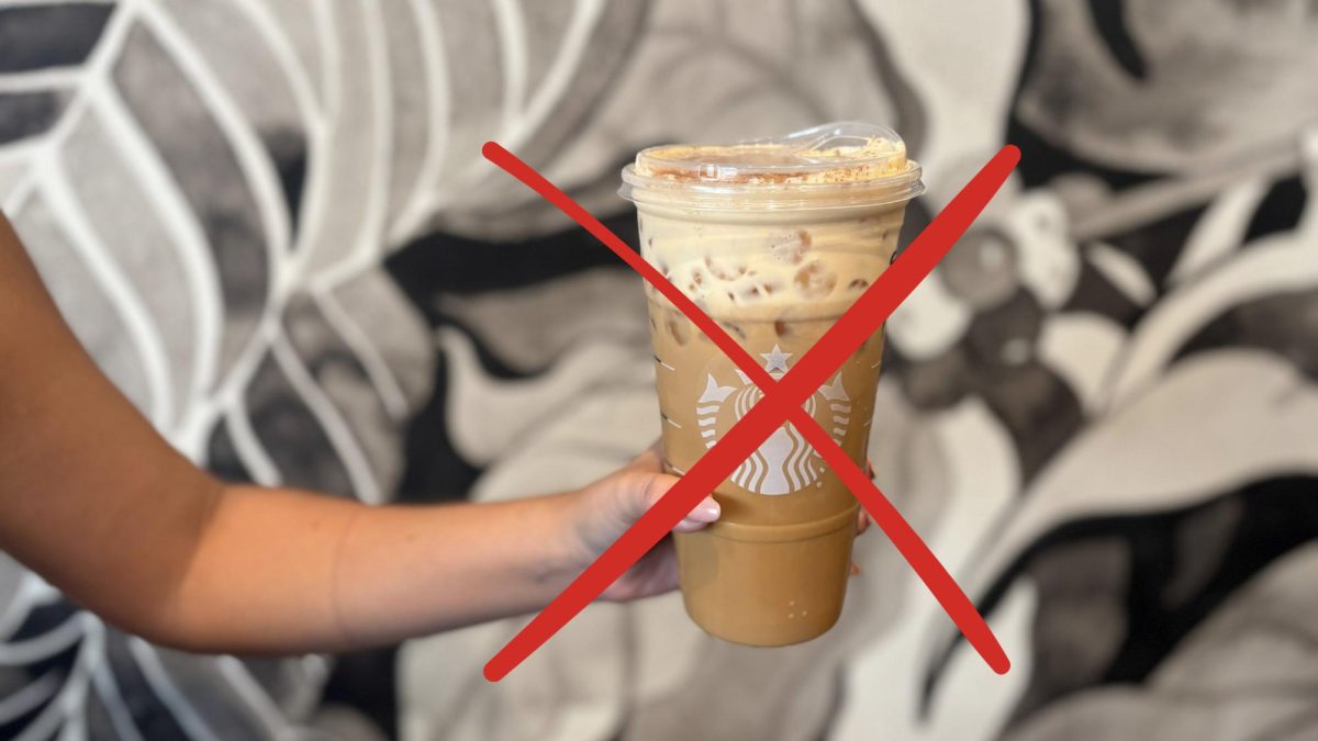 Graphic of crossed out pumpkin spice drink from a coffee shop.