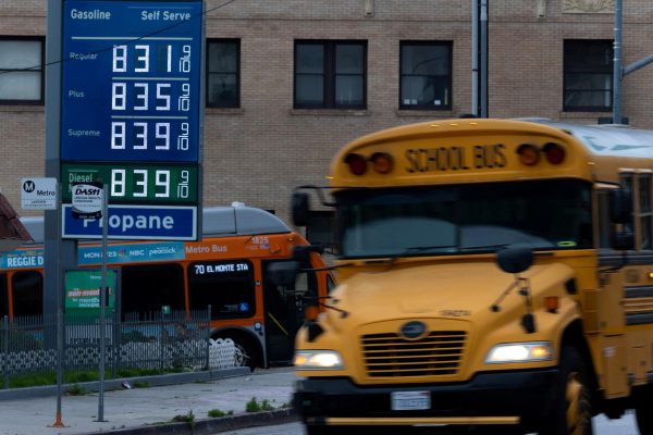 High prices for gasoline are shown at a gas station in downtown Los Angeles, California, U.S., March 10, 2026. REUTERS/Mike Blake